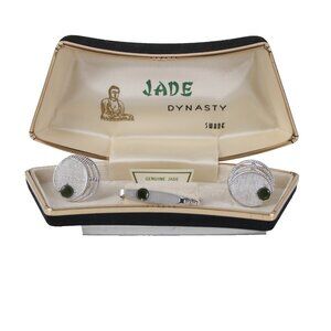 Swank Jade Dynasty Cuff Links Tie Bar Set Jade Cabochons With Original Box